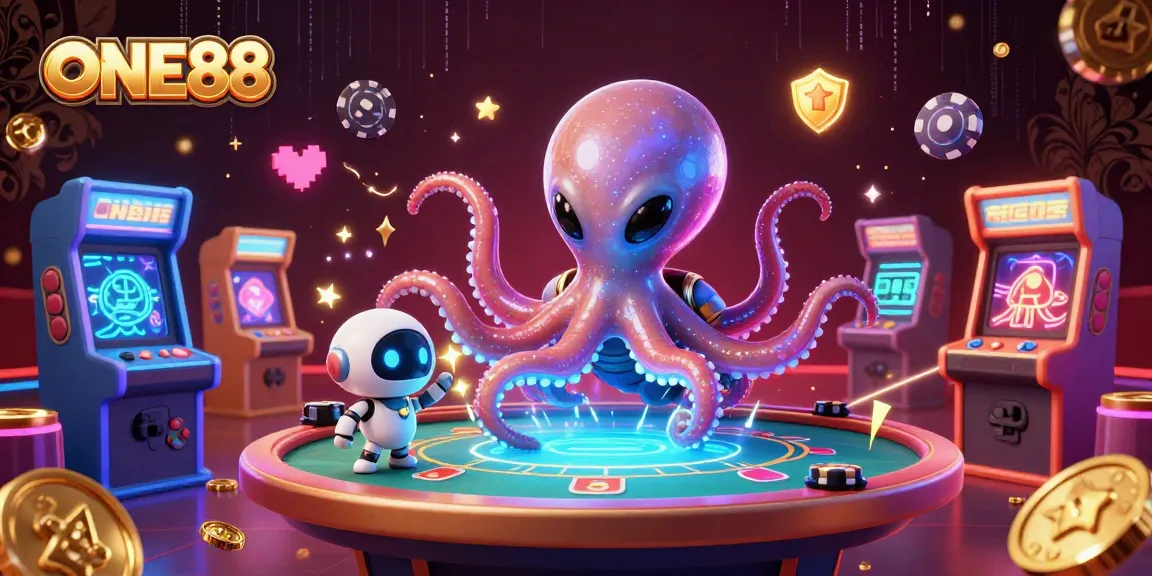 Engage with ONE88's thrilling gaming ecosystem featuring an alien octopus at a holographic poker table.