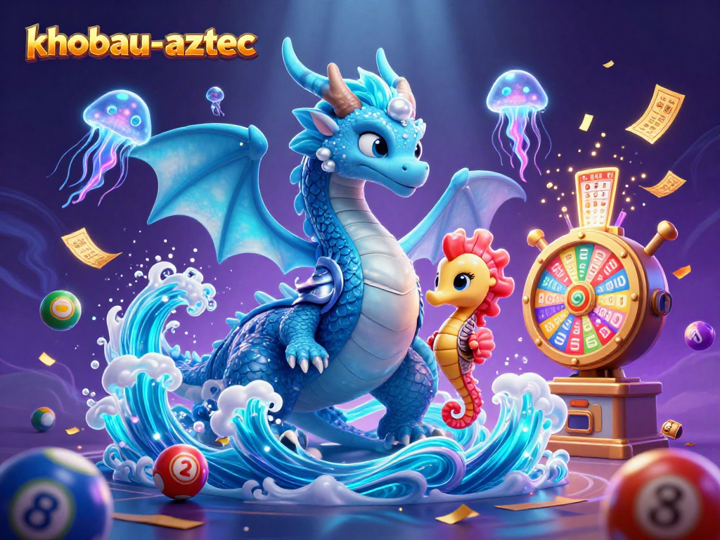Engage with khobau-aztec as the azure water dragon and seahorse knight play amidst floating lottery balls and a vibrant prize wheel.