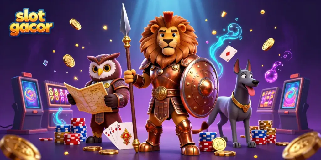 Engage with slot gacor visuals featuring a powerful Spartan lion and dynamic casino elements.