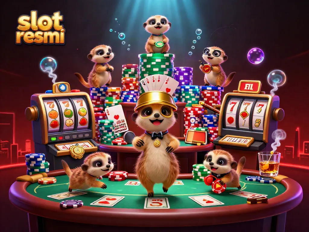 Engaging scene of meerkats managing a vibrant slot resmi casino operation with colorful chips and slot reels.