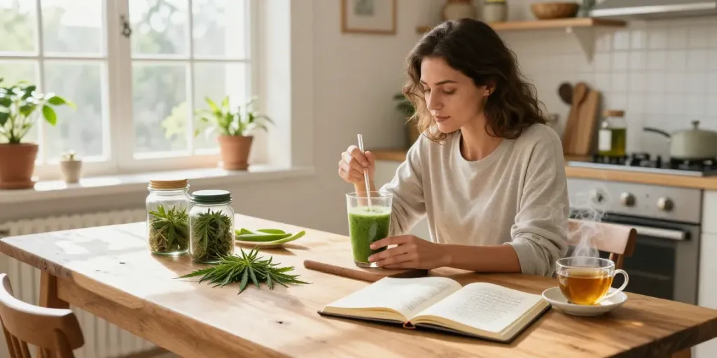 sg lana CBD oil preparation in a wellness-focused kitchen with fresh ingredients.