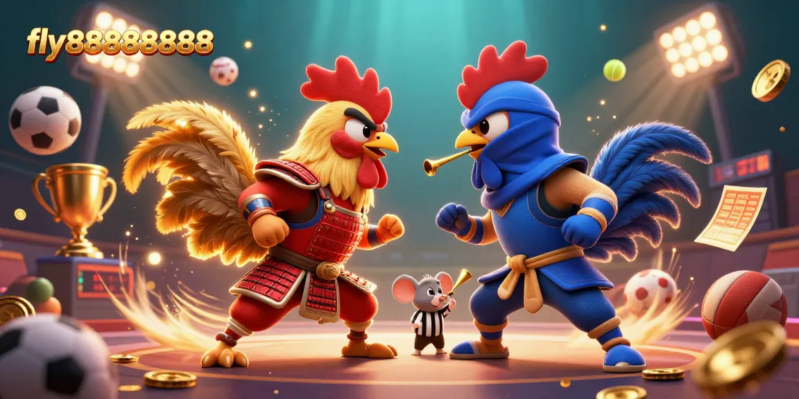 Betting action with twin fighting roosters representing fly88888888 in an exciting 3D casino scene.