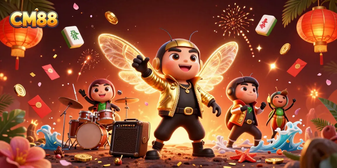 Engage with thrilling CM88 casino experience featuring dynamic 3D characters and festive elements.