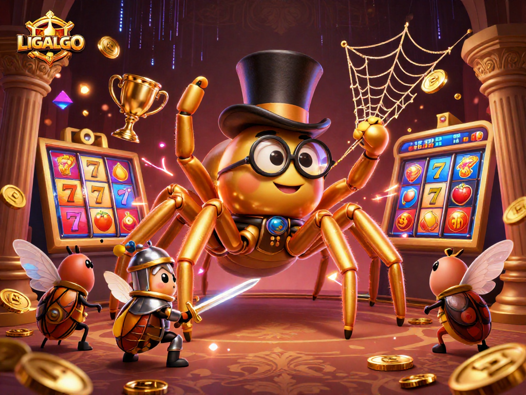 LIGALGO showcases a vibrant scene with a golden tarantula and beetle knight among slot reels and coins.