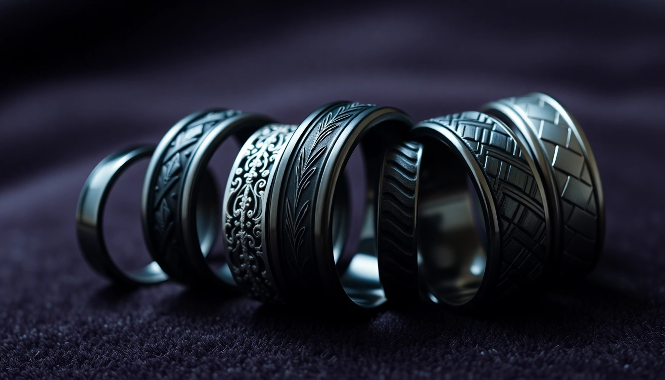 Showcasing dark mens wedding bands with intricate designs in an elegant display setting.