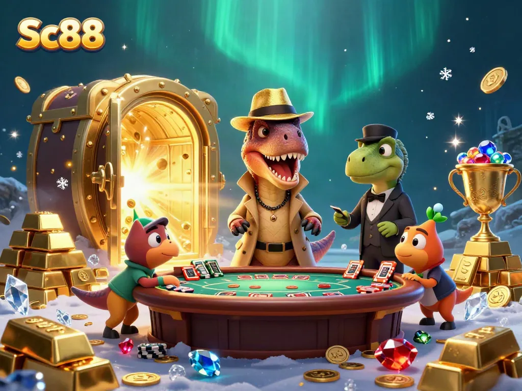 Engage in exciting gameplay at Sc88 as a cartoon velociraptor counts cards under watchful eyes in a vibrant casino.