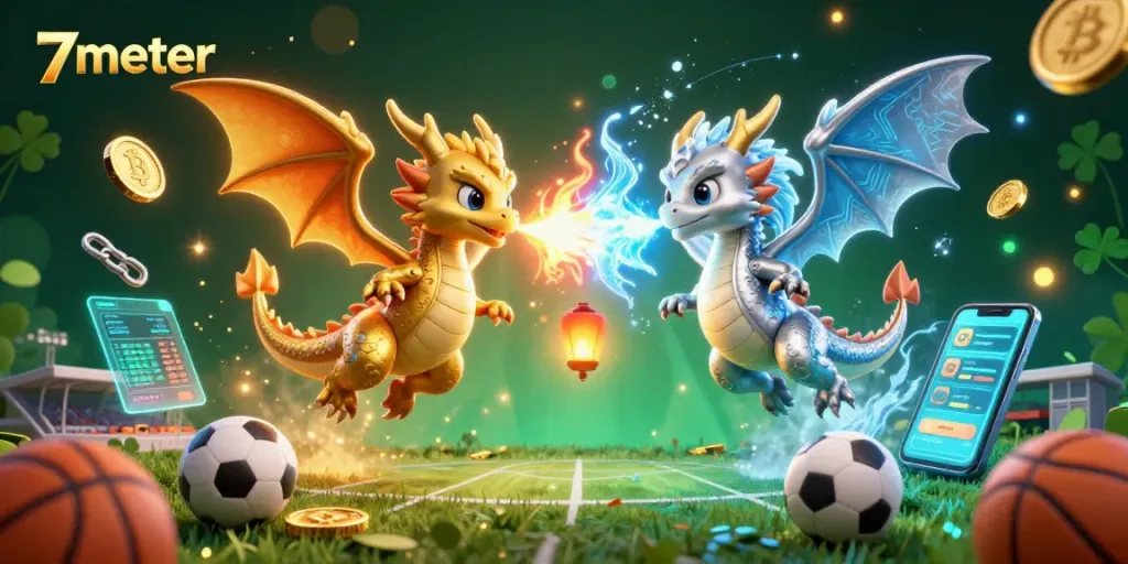 Engage in sports betting with 7meter, featuring powerful dragons battling amidst footballs and cryptocurrency elements.