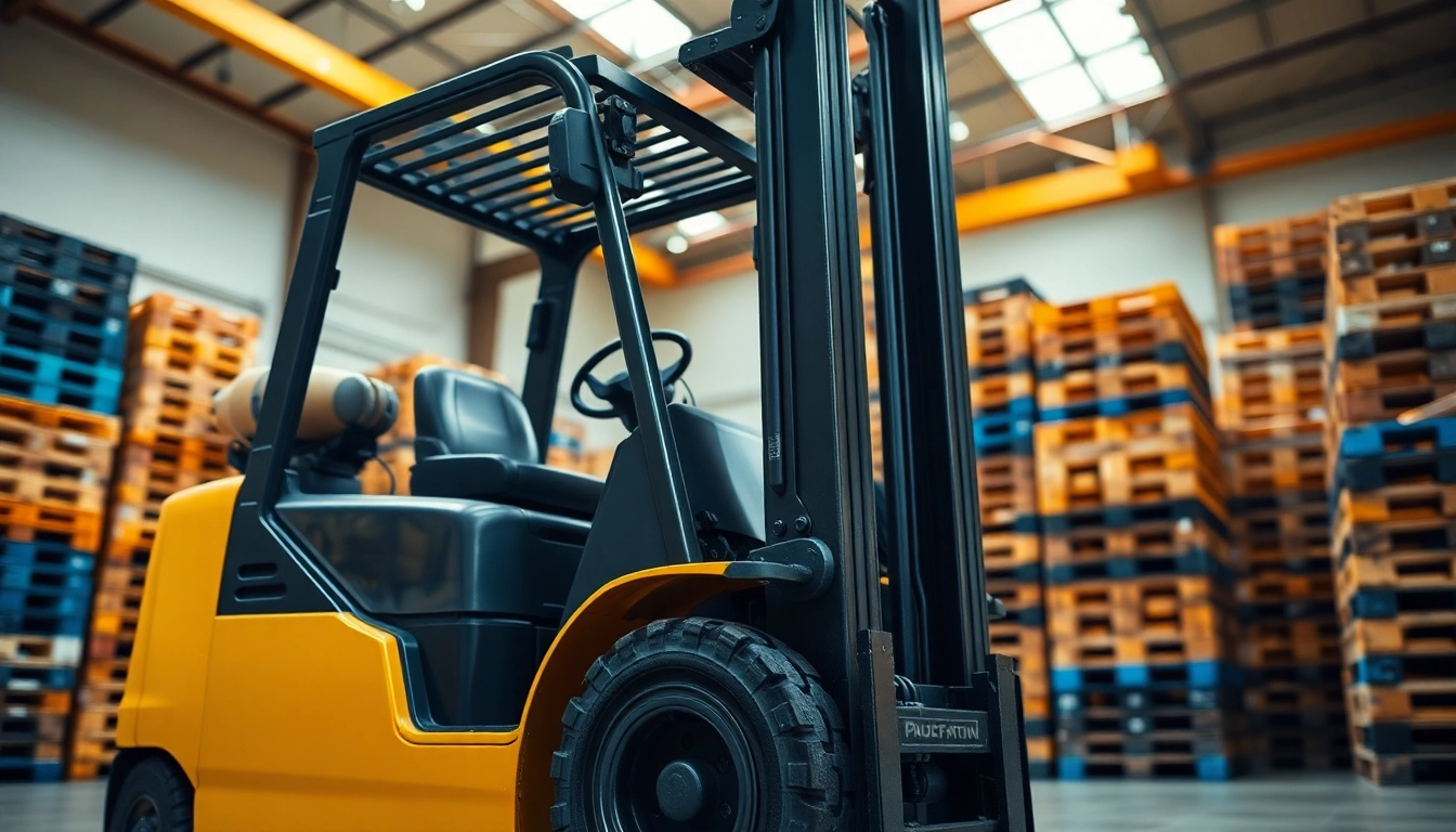 Forklift lifting pallets in a bright warehouse environment showcasing efficiency and strength.