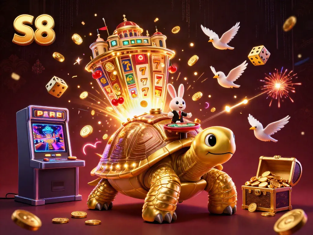 Experience S8's vibrant casino adventure with a tortoise, rabbit dealer, and golden coins bursting in a dynamic scene.