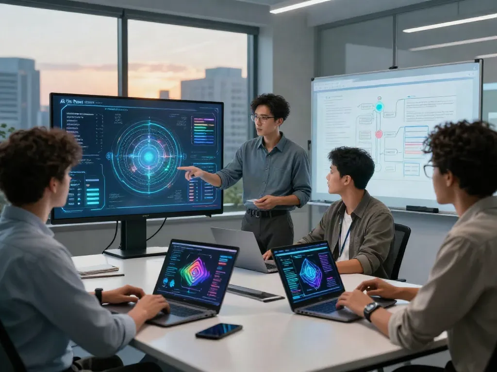 Professionals collaborating in a dynamic workspace showcasing the AI Token Economy, featuring data visualizations and high-tech displays.