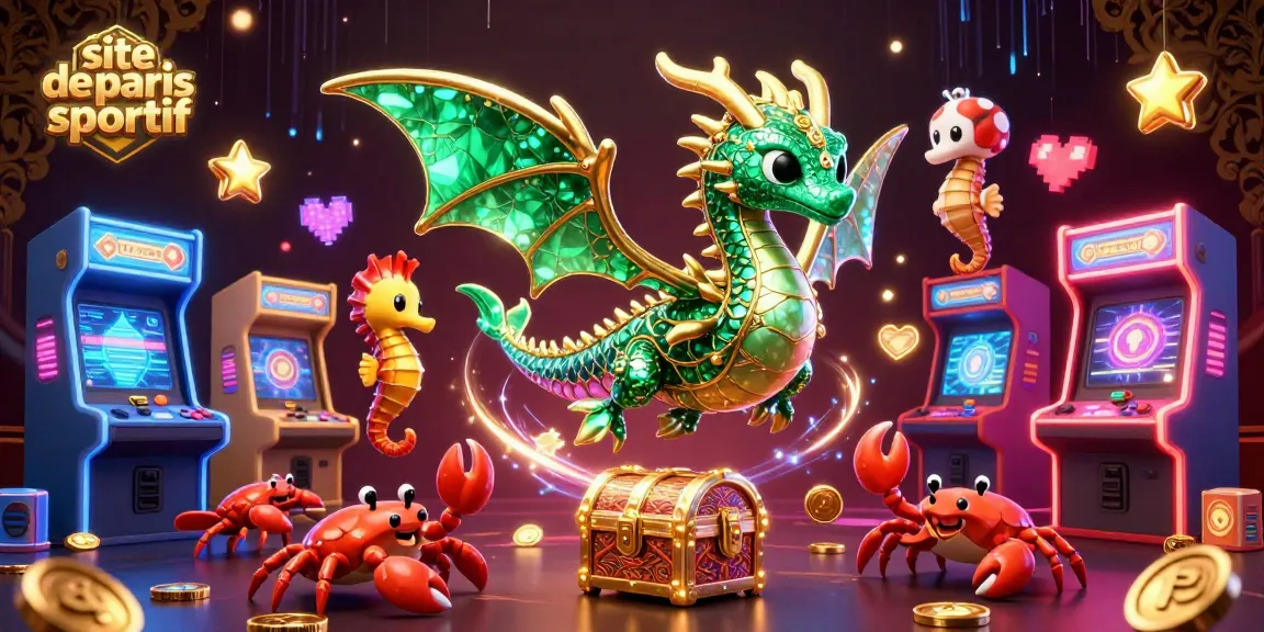 Pariez sur le site de paris sportif avec un dragon marin en 3D entouré de jeux colorés et d'or.