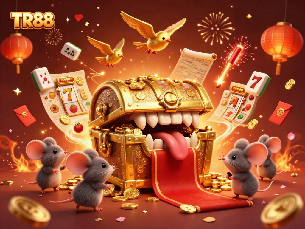 Engage with the vibrant thrill of TR88 in an exciting casino scene filled with slot reels and lucky symbols.