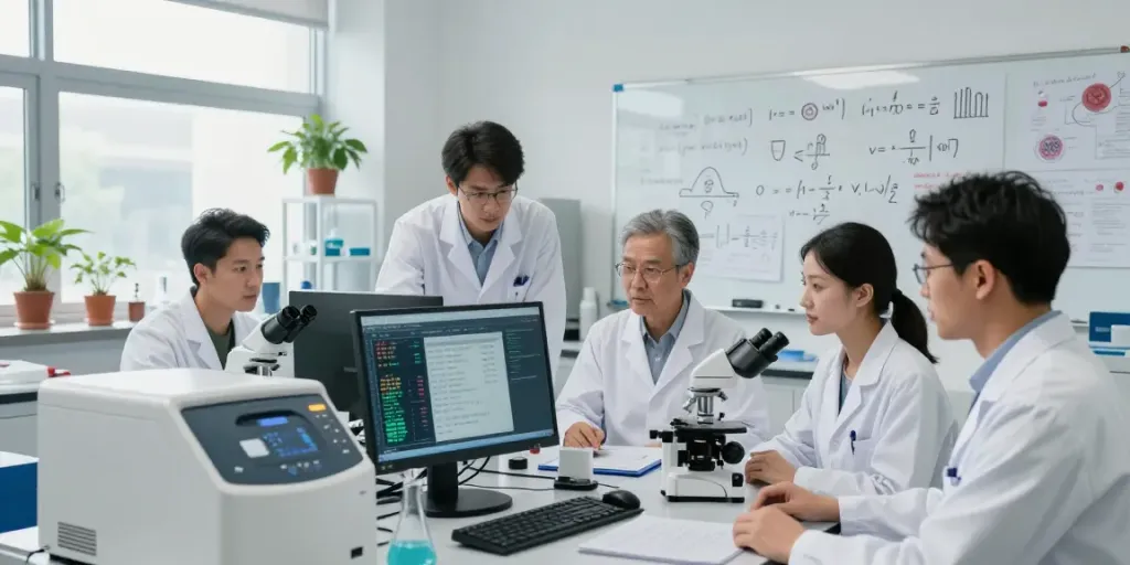 Cancer precision medicine researchers analyzing genomic data in a high-tech lab.