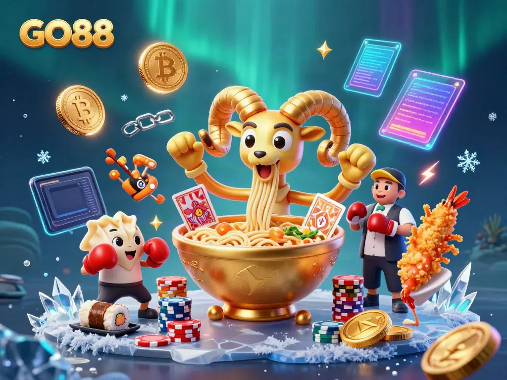 Engage with GO88's vibrant gambling scene featuring a giant ramen bowl dealing cards and cryptocurrencies