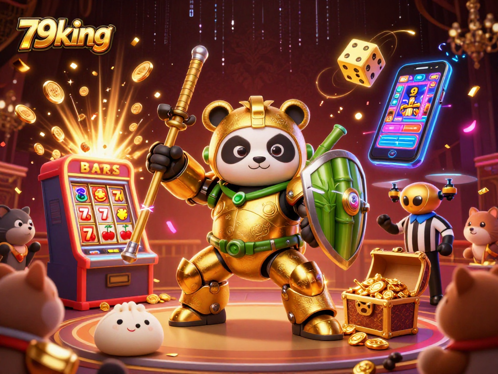 Engage with 79king's thrilling 3D casino scene, featuring a golden panda pilot and dynamic jackpot gameplay.