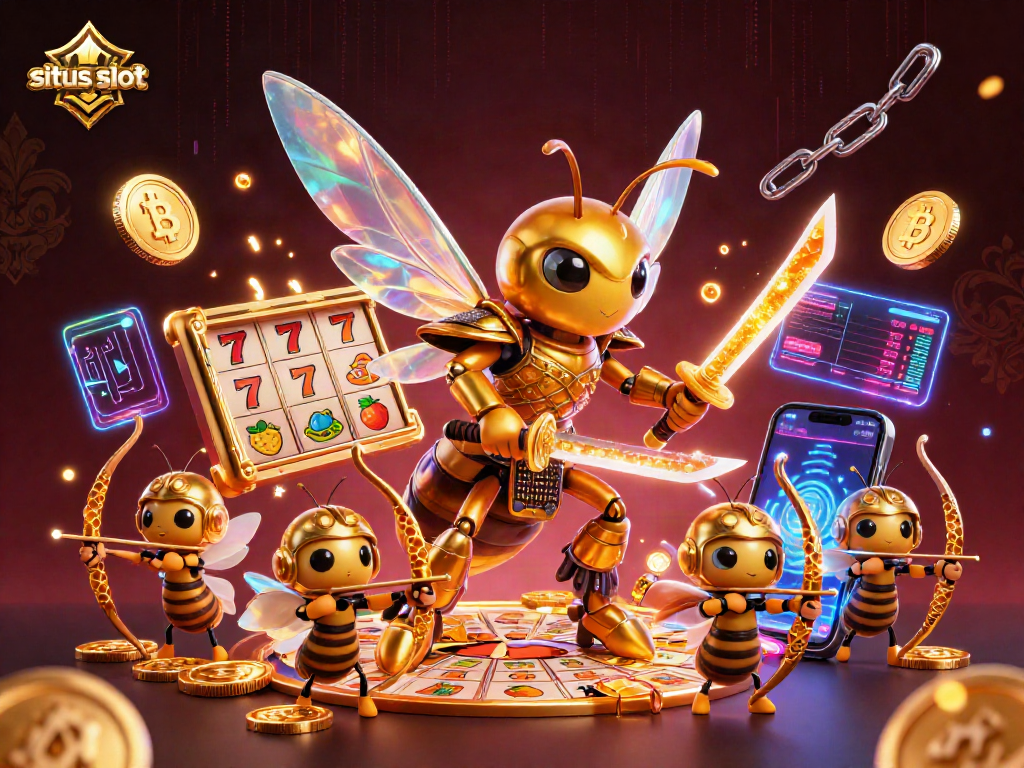 Engage in situs slot action with a golden hornet warrior and crypto elements in this vibrant illustration