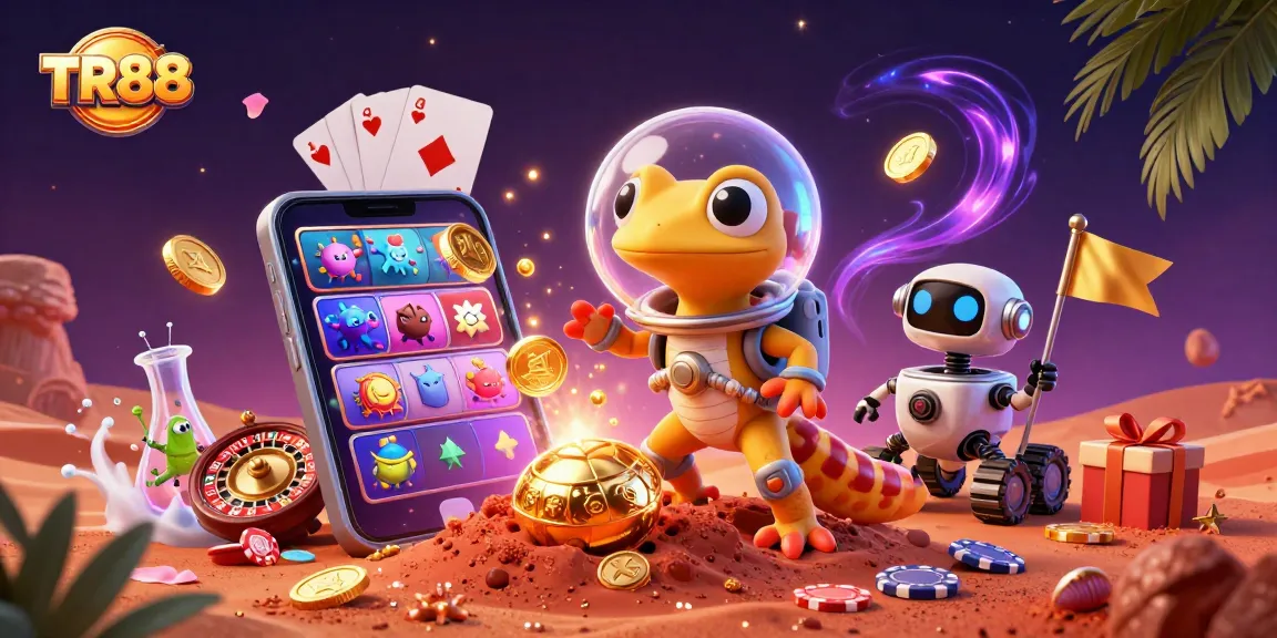 TR88 showcases a Martian gecko discovering a golden casino with vibrant gaming elements.