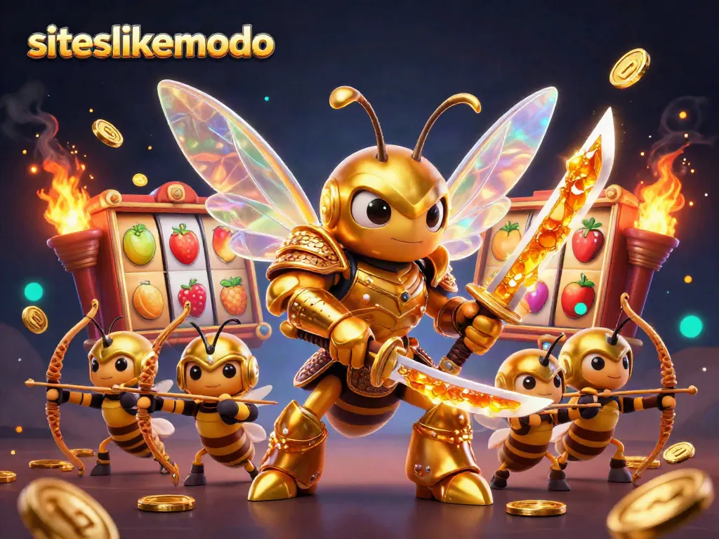 Engage with siteslikemodo in this vibrant 3D casino scene packed with slot reels and gold coins.