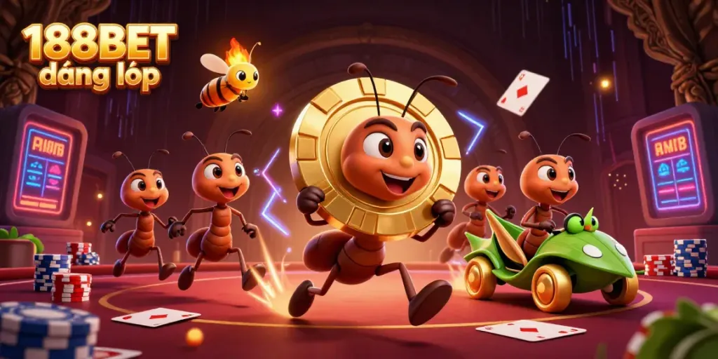 Ants carrying a massive golden poker chip in a casino-themed scene for 188BET đăng nhập promotions.