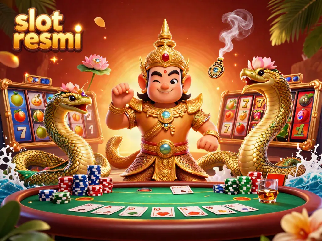 Experience the thrill of slot resmi with vibrant slot reels, a friendly yaksha guardian, and dynamic gaming elements.