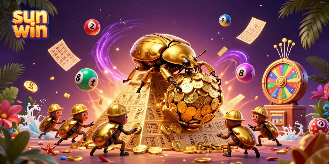Experience sun win excitement with golden beetles and casino symbols in this vibrant lottery scene.