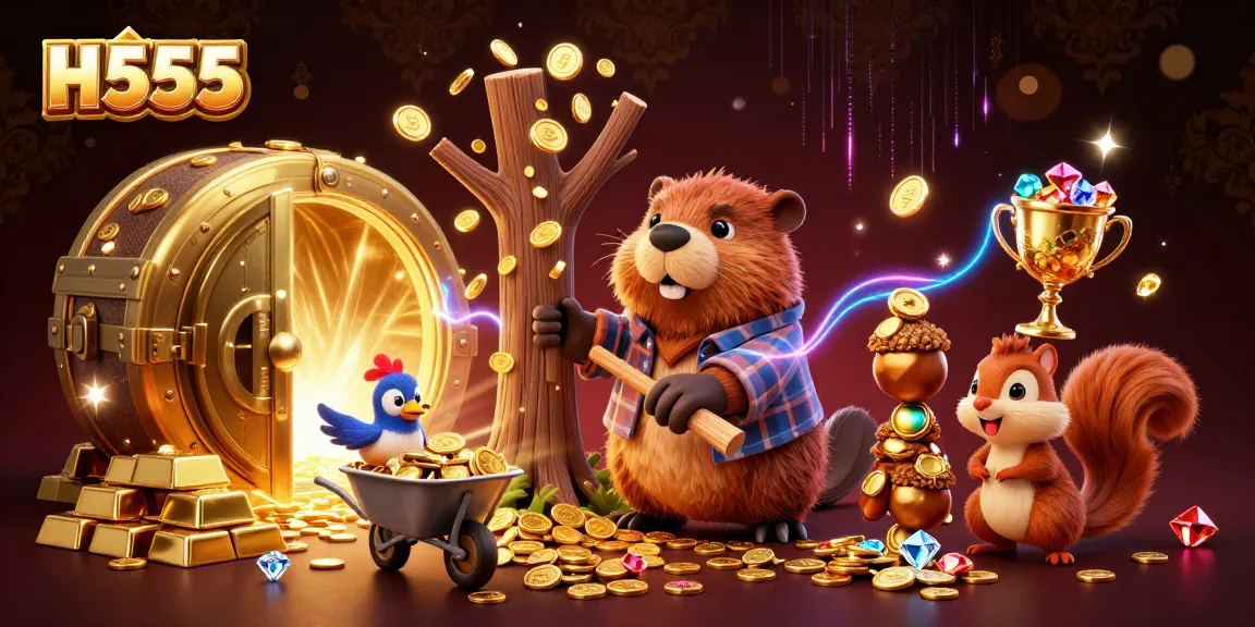 Experience thrilling gaming with H555 featuring charming characters collecting golden coins!