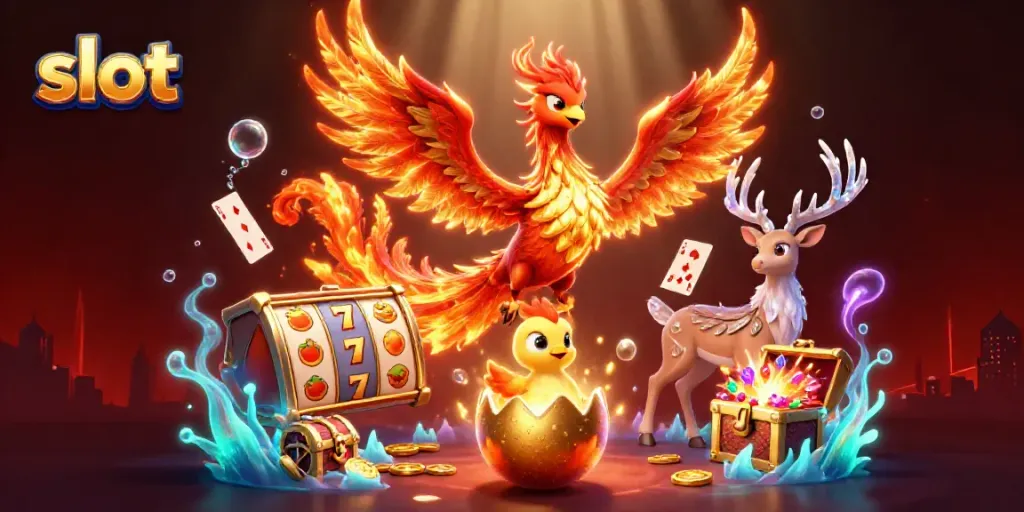 Menangkan slot di kasino dalam ilustrasi 3D yang memikat dengan simbol keberuntungan dan karakter fantastis.