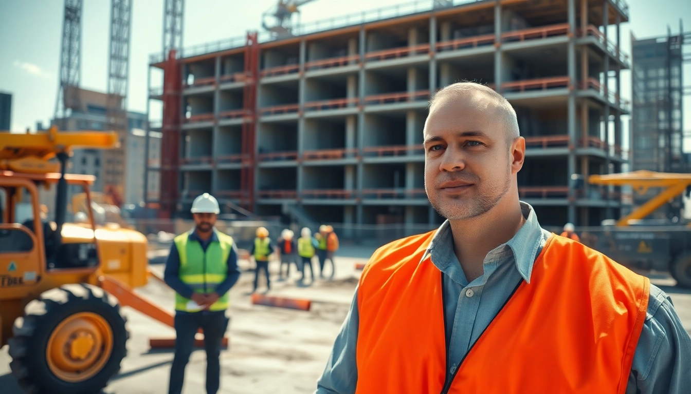 New Jersey Construction Manager overseeing a bustling construction site with teamwork and modern machinery.