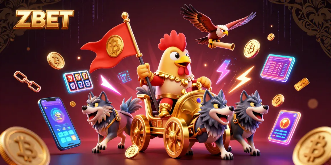 ZBET offers thrilling casino experiences with a dynamic illustration showcasing vibrant elements and characters.