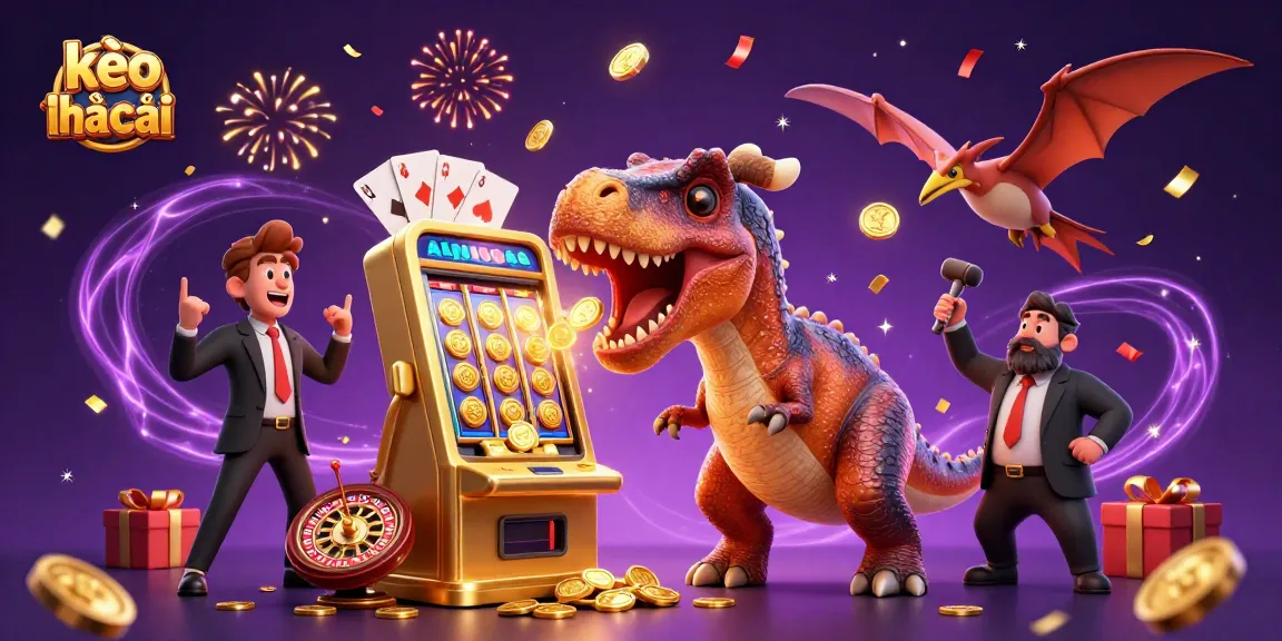 Catch the excitement of kèo nhà cái with a dinosaur celebrating jackpot wins in a vibrant casino scene.