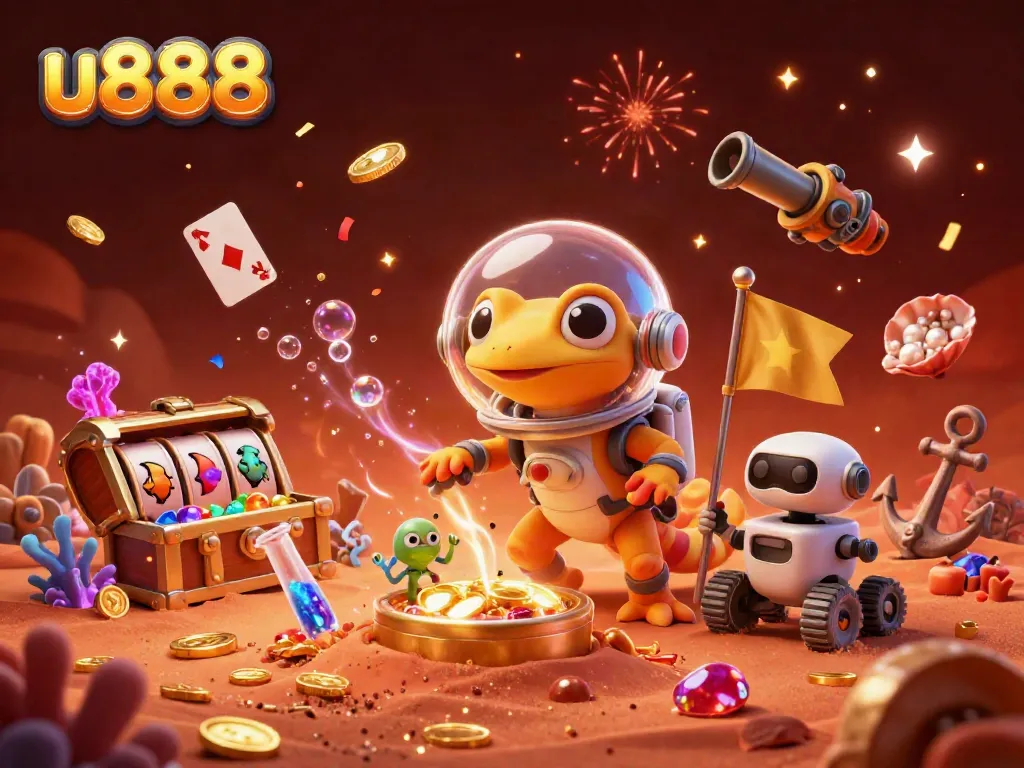 Immerse in the thrilling world of u888 with a Martian gecko discovering a golden casino amidst sparkling treasures.