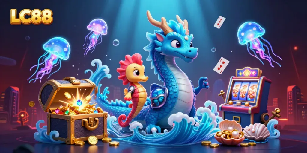 Engage with exciting casino games at LC88 with a vibrant underwater digital illustration.