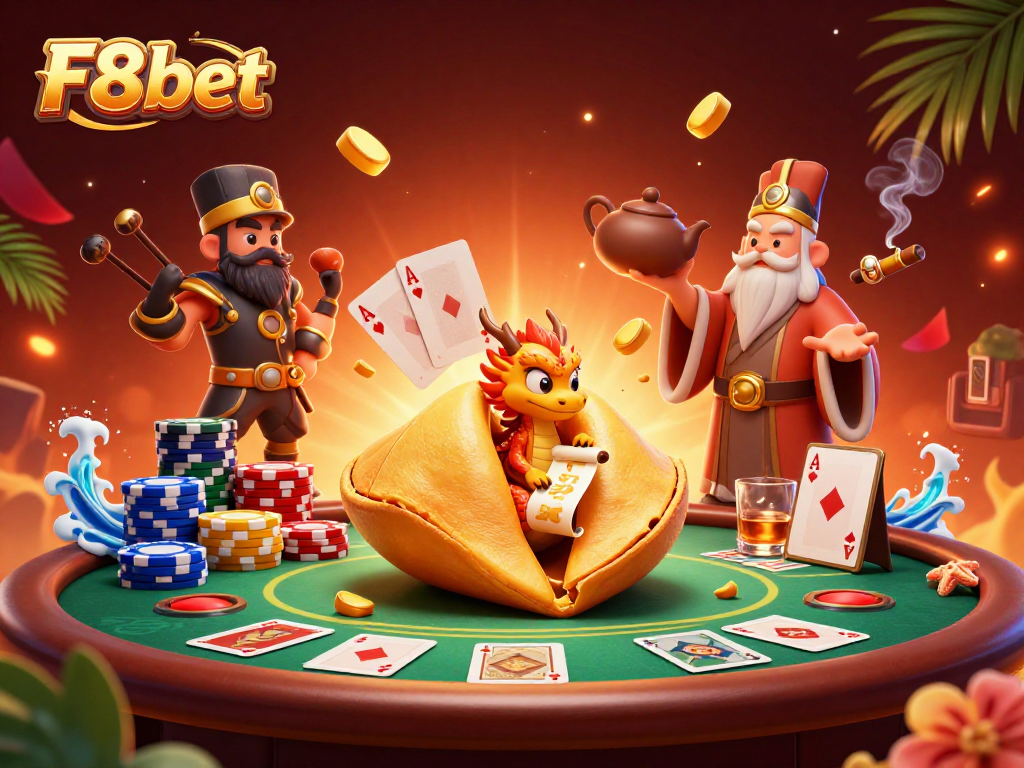 Play poker at F8bet with a golden fortune cookie cracking open for winning strategies!