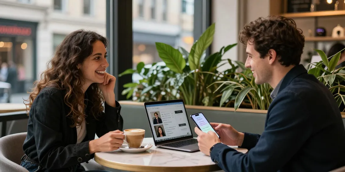 Singles connecting through the HundRoses dating app in a vibrant café.