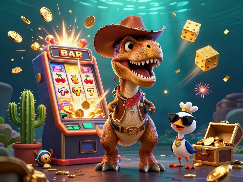 Play exciting games like Chumba with fun characters and vibrant casino elements in a dynamic scene.