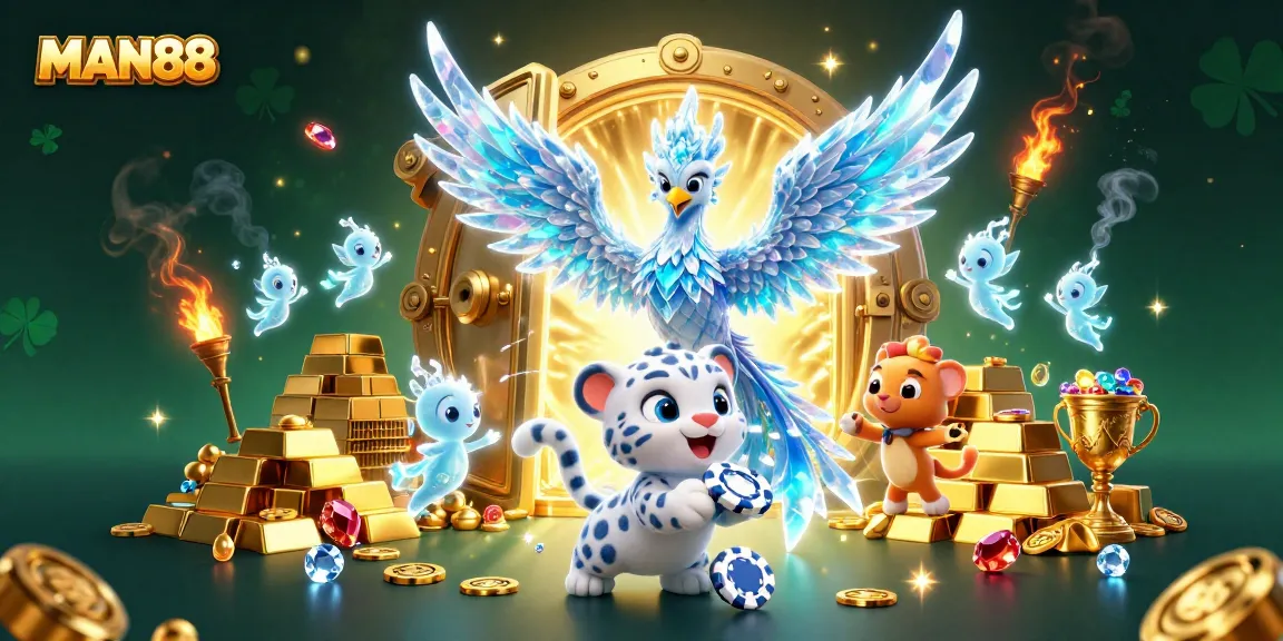 Engage with MAN88's vibrant casino atmosphere featuring an ice phoenix, treasures, and gambling elements.