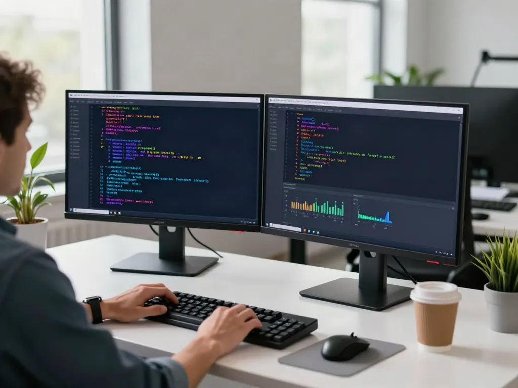 v2rayN官网 tech workspace featuring a developer coding on dual monitors in a modern office environment.