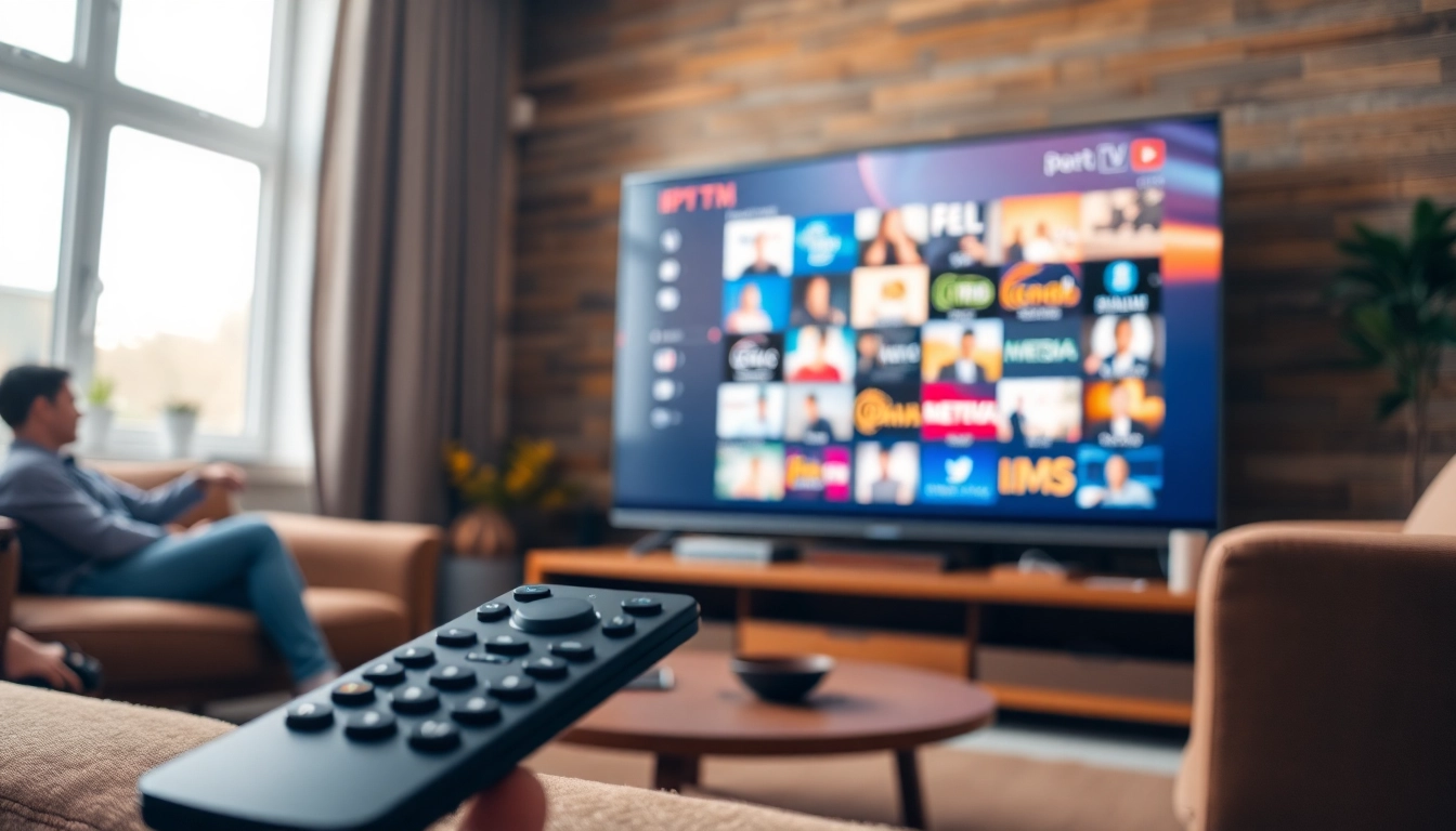 Enjoy a FREE IPTV Trial showcasing a modern living room and vibrant streaming interface.