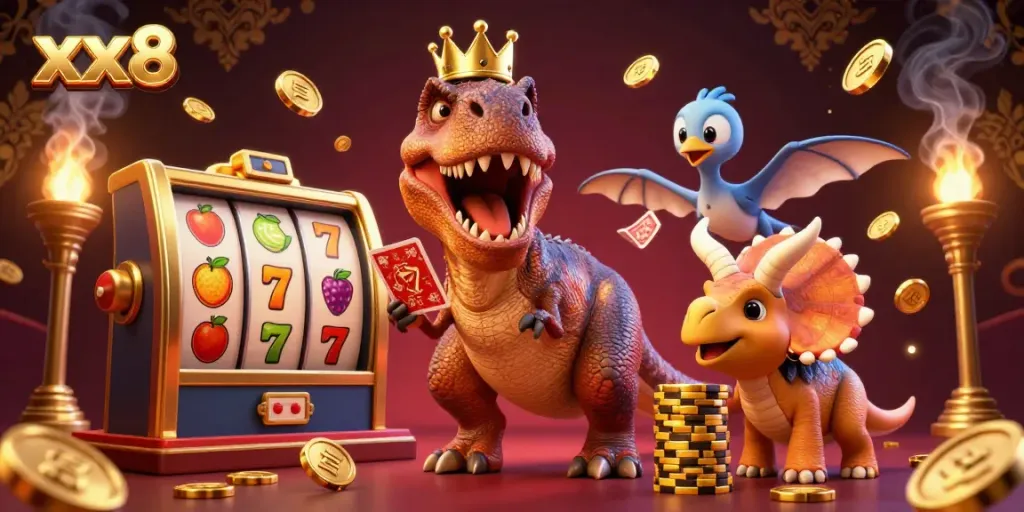 Experience dynamic casino action with the xx8-themed T-Rex and friends in this vibrant 3D illustration.