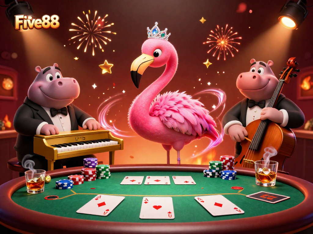 Engage in vibrant poker action with Five88, featuring a flamingo singer and hippo bassist.