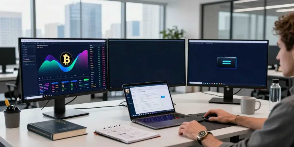 Real-time stock API setup displaying 股票数据接口 with cryptocurrency charts and digital wallets in a professional trading office.