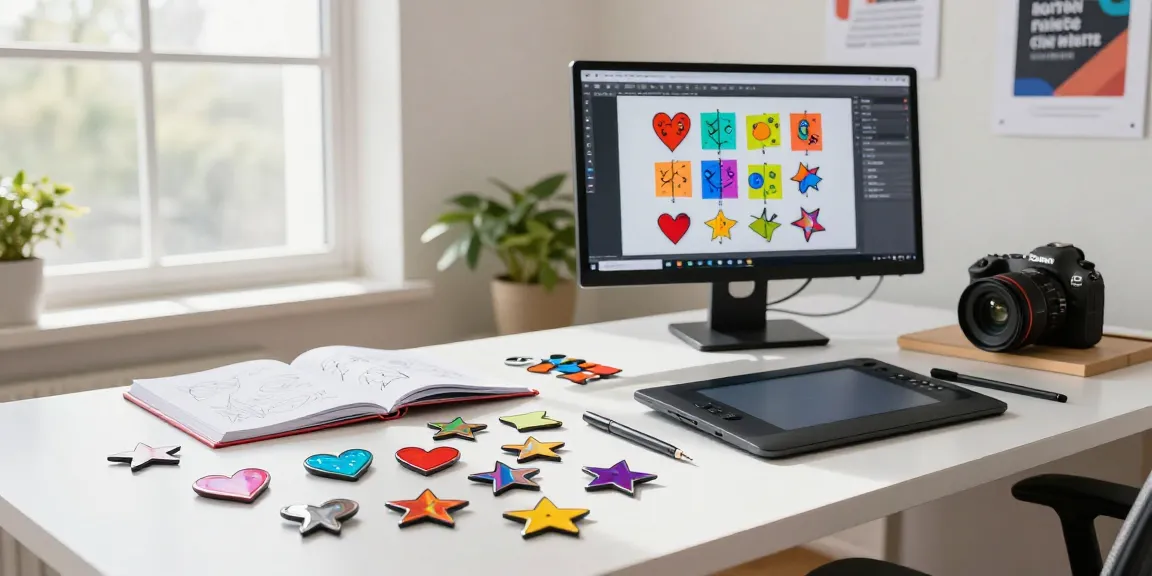 Designer creating custom acrylic pins in a colourful, vibrant workspace.