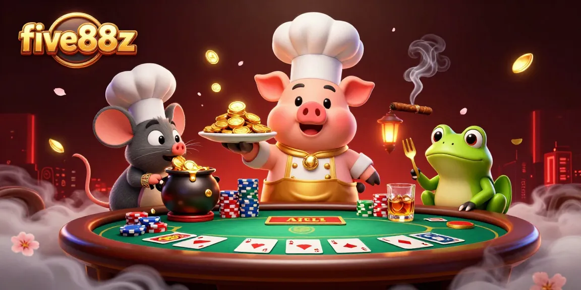 five88z casino scene with cartoon chef pig, sous-chef mouse, food critic frog amid vibrant poker elements.