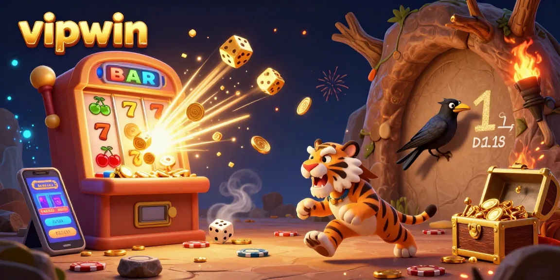 Experience thrilling action at vipwin with a dynamic casino scene featuring a caveman and sabertooth tiger.
