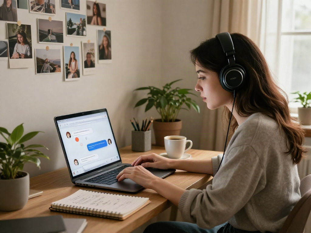 Interactive girlfriend AI conversation scene with a user in cozy home office