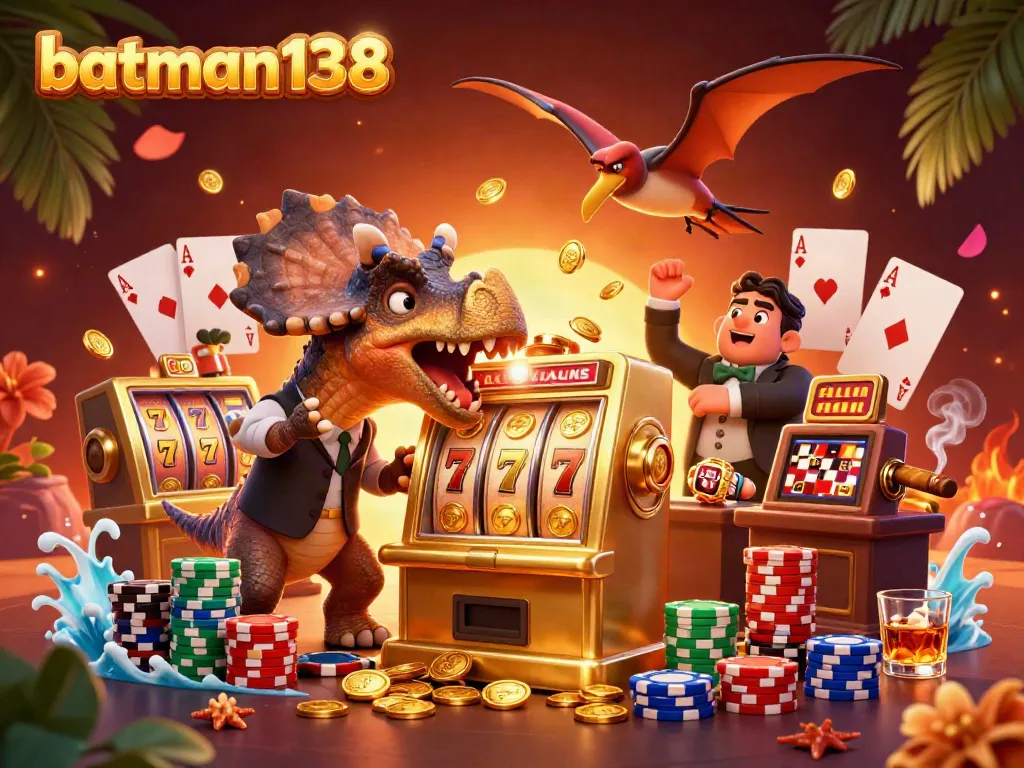 Experience the thrilling jackpot at batman138 with a dinosaur hitting a golden slot machine.