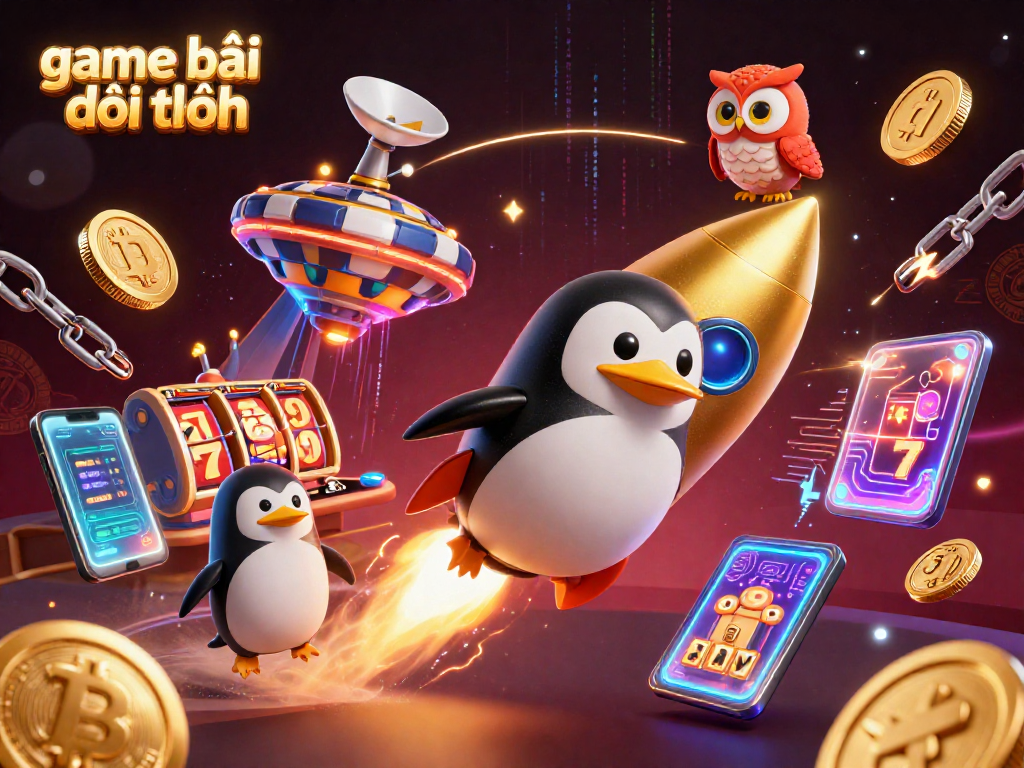 Engage in exciting game bài đổi thưởng with dynamic visuals of a golden penguin and crypto elements.