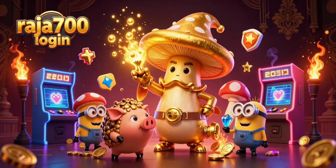 Slot jackpot menunggu di raja700 login dengan ilustrasi sihir jamur emas dan harta karun.