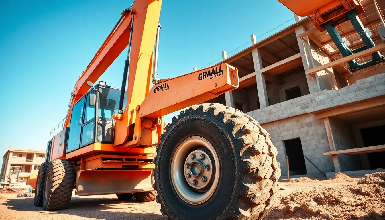 Gradall excavator lifting materials on a construction site, showcasing power and versatility.
