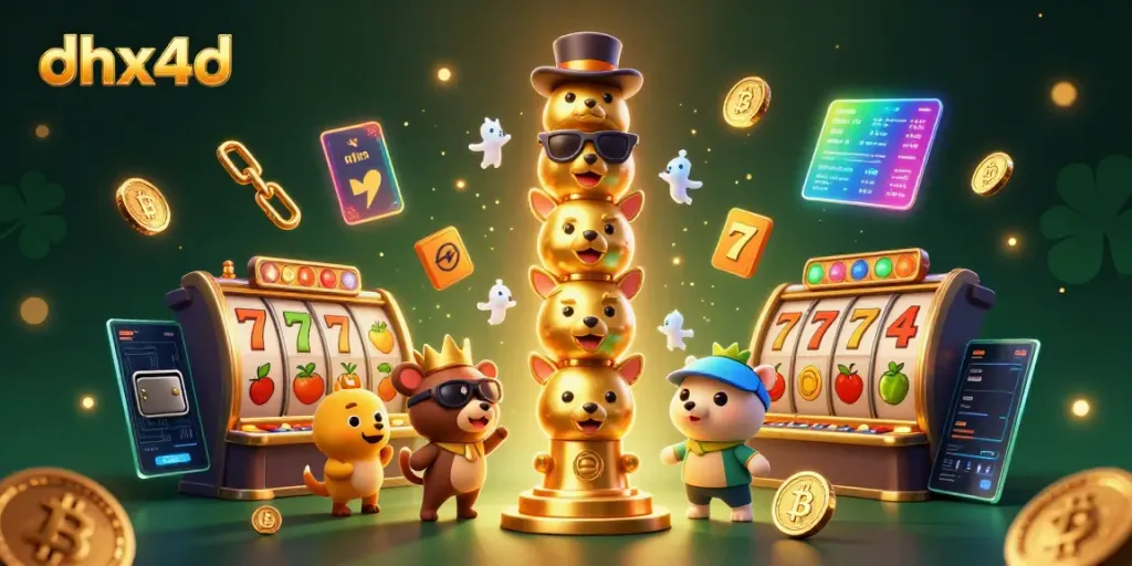 Menggiring keuntungan di DHX4D dengan simbol slot yang berkilau dan keberuntungan.